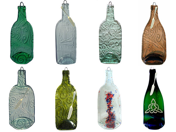 8 glass cheese platters made from upcycled wine bottles