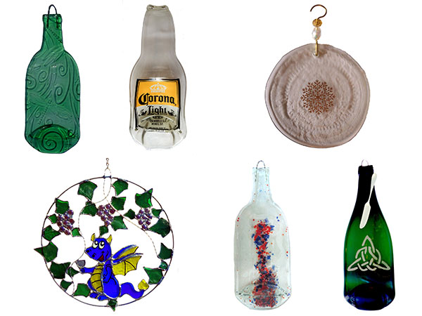 cheese platters, spoon rests, and ornaments are made from upcycled wine bottles