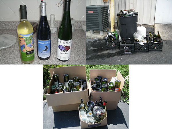 wine bottles before consumption, then the empty bottles ready for recycling