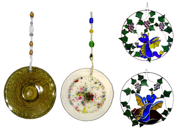 4 sun catchers made from the bottoms of upcycled wine bottles